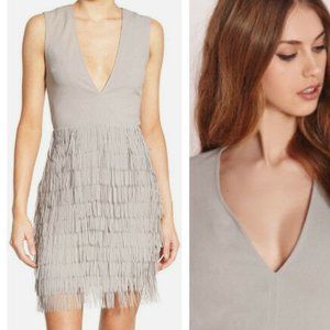 Missguided Fringed Skirt Bodycon Sheath Plunging Dress Gray US 8 NWT
